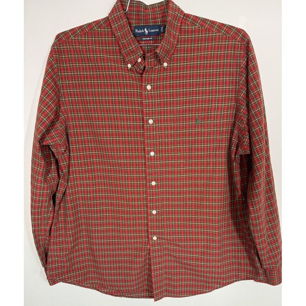 Ralph Lauren Men's Custom Fit 100% Cotton Red‎ Plaid Long Sleeve Button Down XL